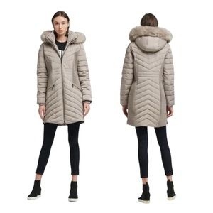 DKNY Women’s Contour Puffer With Faux Fur Hood - In Thistle Size Small